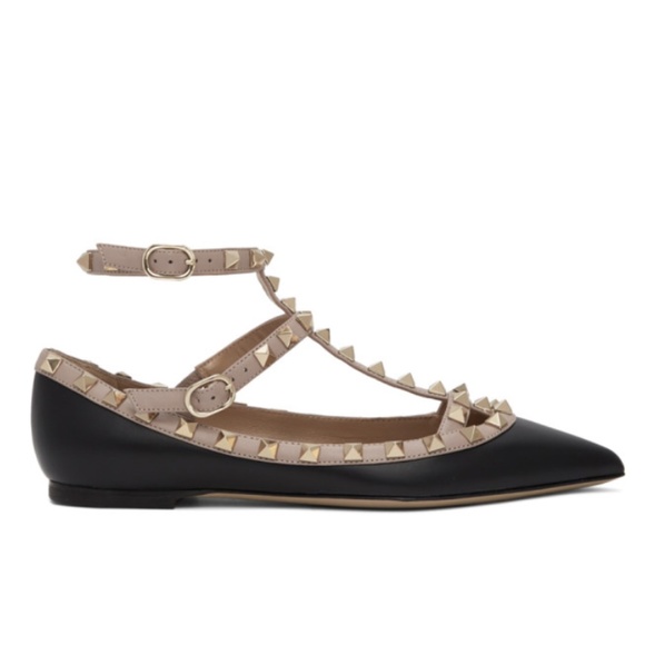 Valentino Shoes - Valentino Rockstud Black Pink Strappy Flats 37